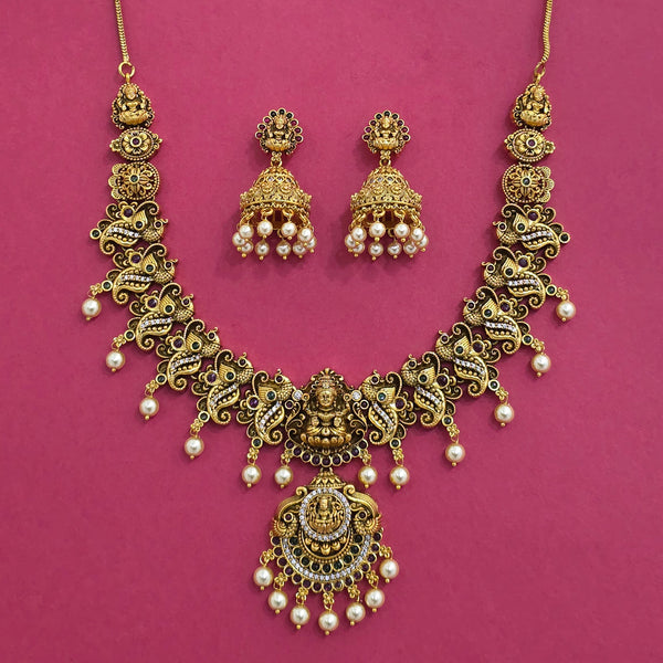 Antique South Indian Necklace Set With Matte Gold Plating || 229161
