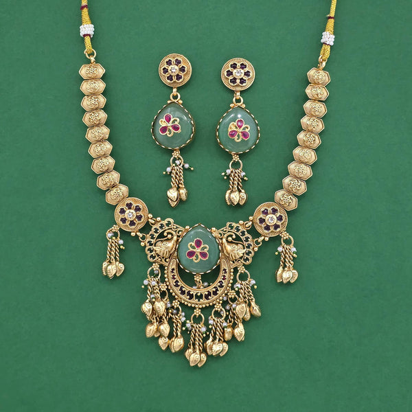 Antique Moti Necklace Set With Matte Gold Plating || 230286