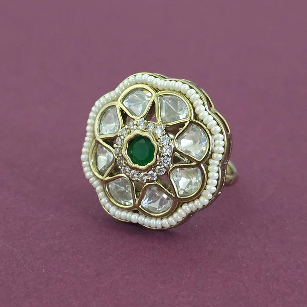 Kundan Adjustable Ring With Mehndi Plating || 303462