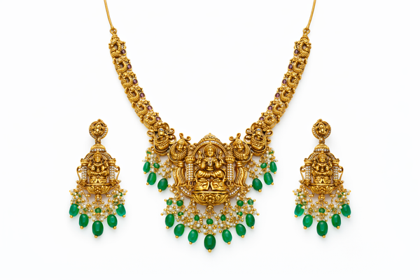 Antique South Indian Necklace Set With Matte Gold Plating || 230275