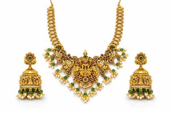 Antique South Indian Necklace Set With Matte Gold Plating || 230276