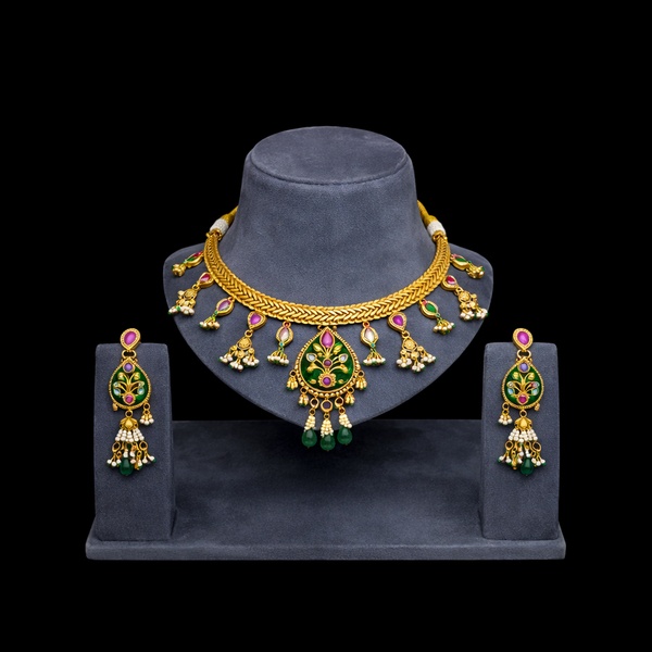 Antique Moti Necklace Set With Matte Gold Plating || 228613
