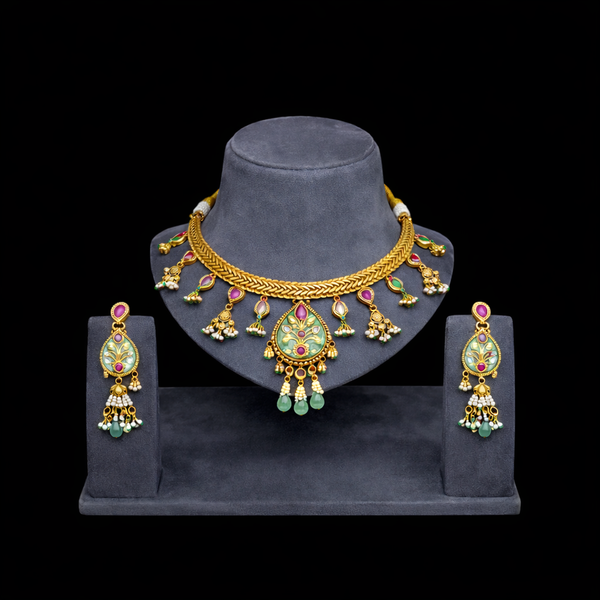 Antique Moti Necklace Set With Matte Gold Plating || 228613