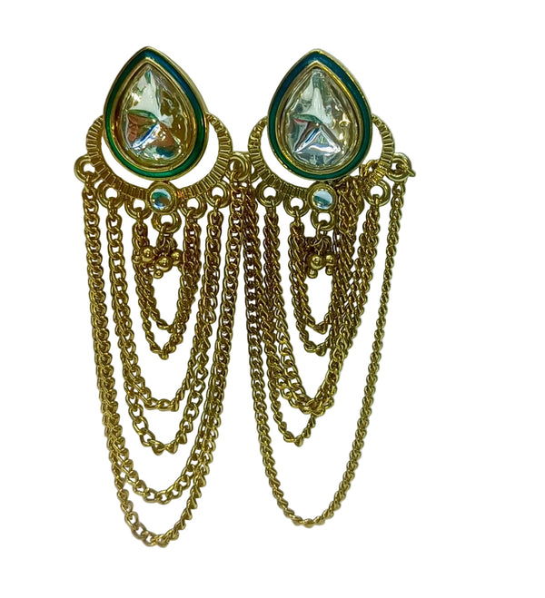 Gold chain earrings with teardrop-shaped gemstones on a white background