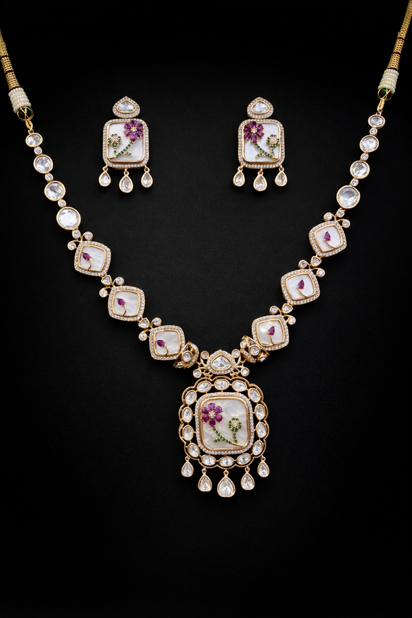 Jewelry set with necklace and earrings on a black background