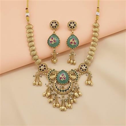 Antique Moti Necklace Set With Matte Gold Plating || 230286