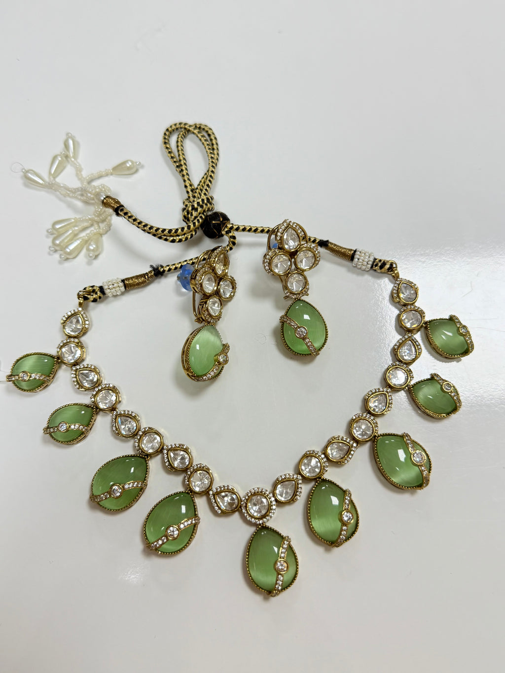 Elegant Green Stone Kundan Necklace & Earrings Set