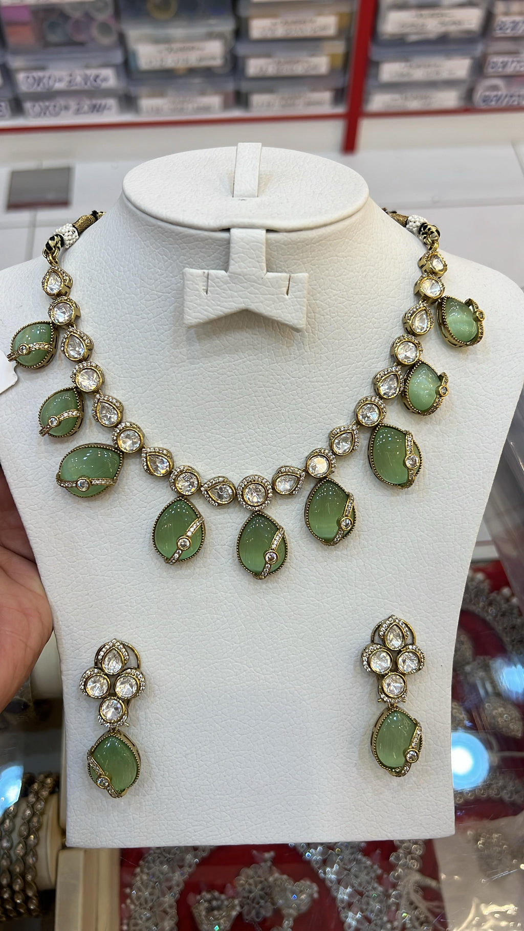 Elegant Green Stone Kundan Necklace & Earrings Set